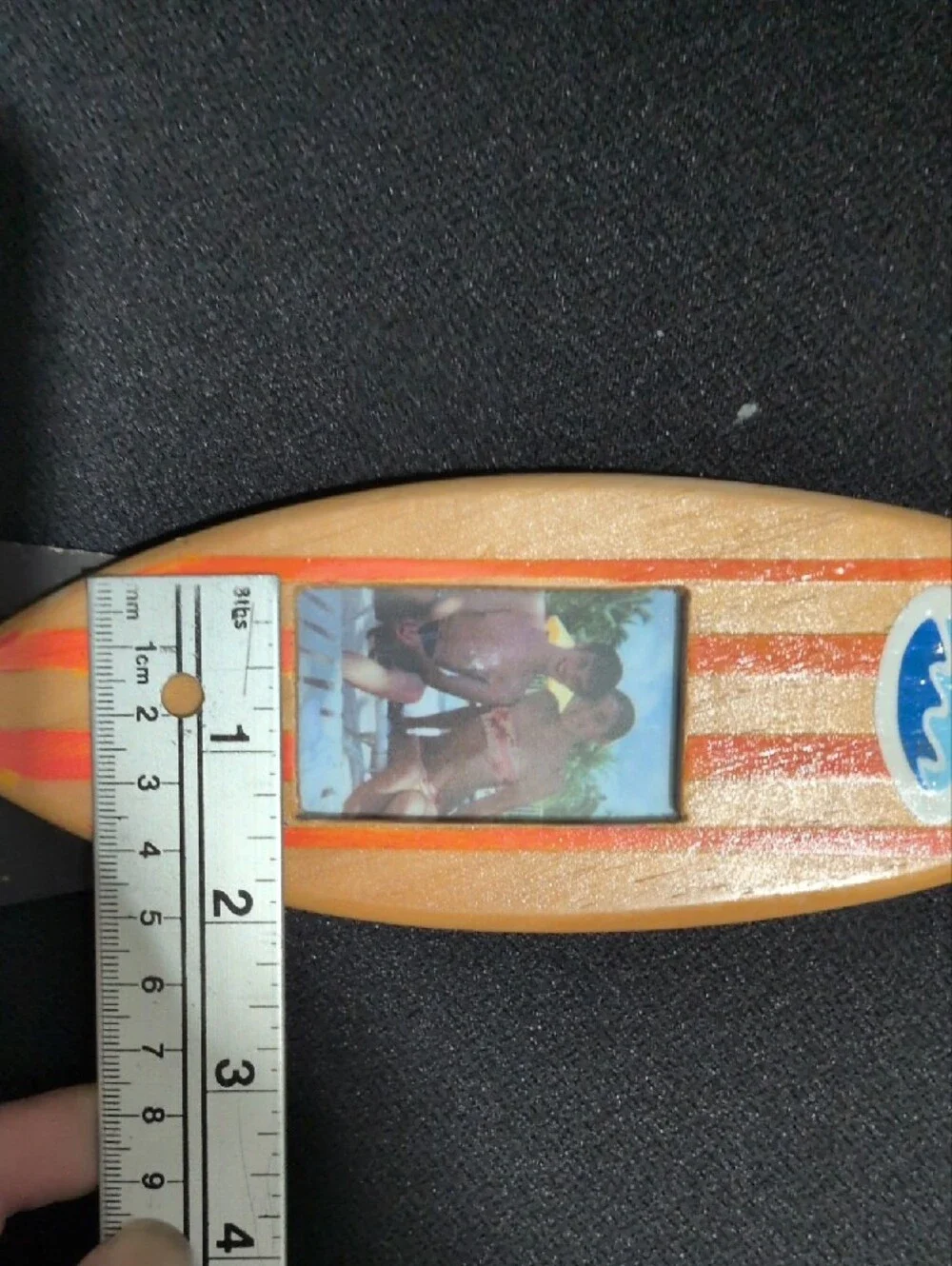 Wooden Surfboard Photo Frame - Orange Striped